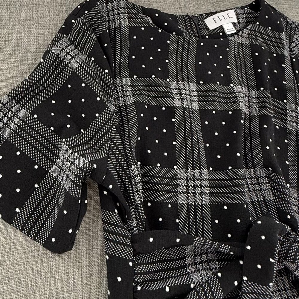ELLE Handkerchief Dress Plaid Large Boat Neck Black‎ Gray White Belt Tie - Picture 5 of 12